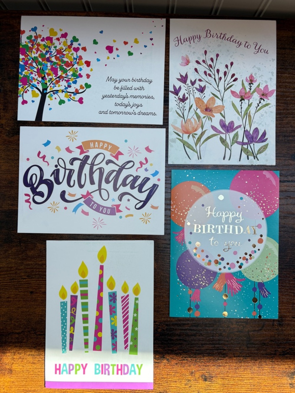 Set of 5 Happy Birthday Cards w/ Envelopes – Colorful Assorted Designs – New